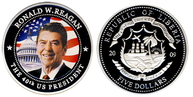 Либерия 5 долларов, 2009 год. Президенты США. Рональд Рейган