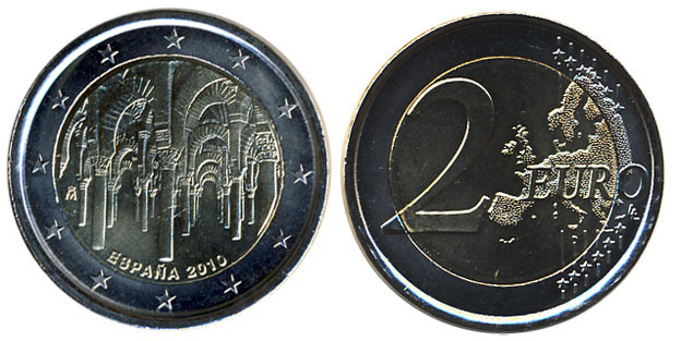 Испания 2 евро, 2010 год. Мечеть в Кордове. Всемирное наследие ЮНЕСКО