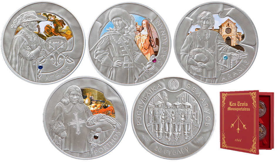 Памятные монеты беларуси. Набор монет три мушкетера 2009 Беларусь серебро. Три мушкетера набор монет. Три мушкетера монета. Серебряные монеты 3 мушкетера.