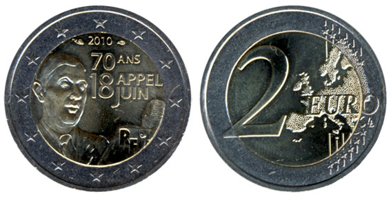 Франция 2 евро, 2010 год. Речь Шарля де Голля 18 июня
