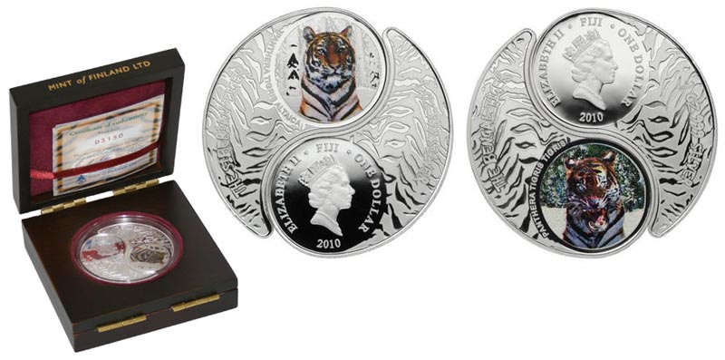 Набор монет. Фиджи 1 доллар, 2010 год. Год тигра. Сибирский и Бенгальский тигры, инь-янь (2 шт.)