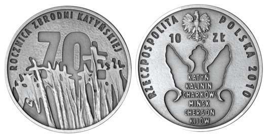 Польша 10 злотых, 2010 год. 70-летие Катынского Преступления