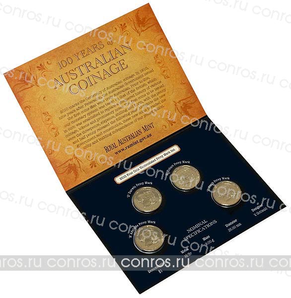 Набор монет. Австралия 1 доллар, 2010 год. 100 лет Австралийской чеканке. (4 шт.)