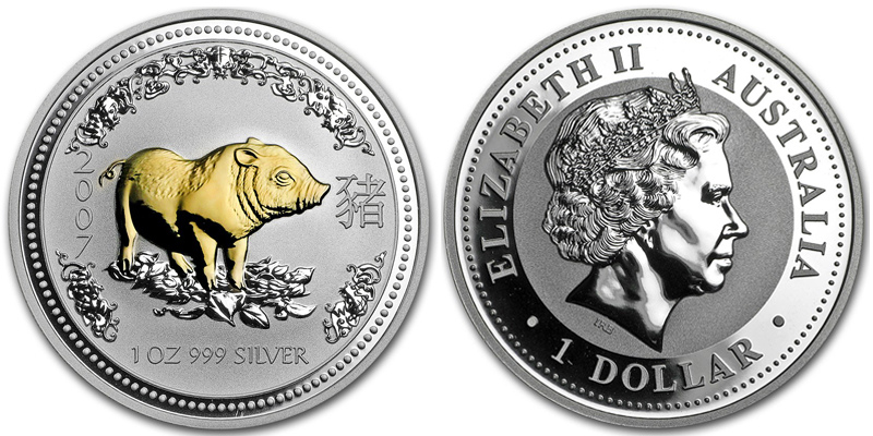 Австралия 1 доллар, 2007 год. Год свиньи, позолота