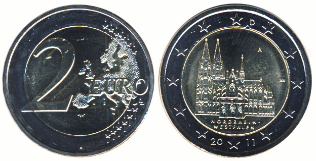 Германия 2 евро, 2011 год. Нордрейн-Вестфалия. A