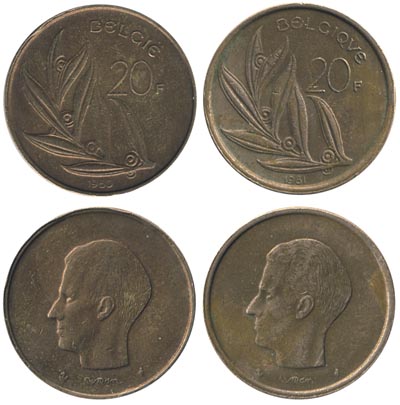 Набор монет. Бельгия 20 франков, 1980-1982. (2 шт.)