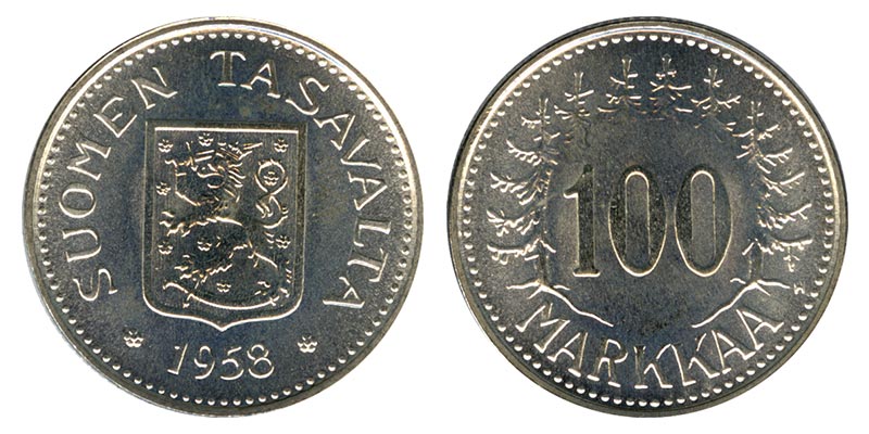 Финляндия 100 марок, 1958 год