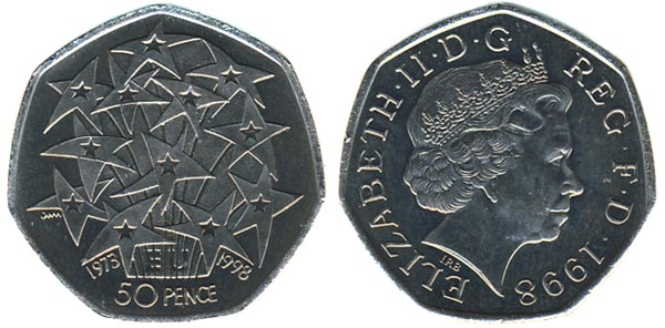 Великобритания 50 пенсов, 1998 год. 25-летие выхода Великобритании на Общий рынок