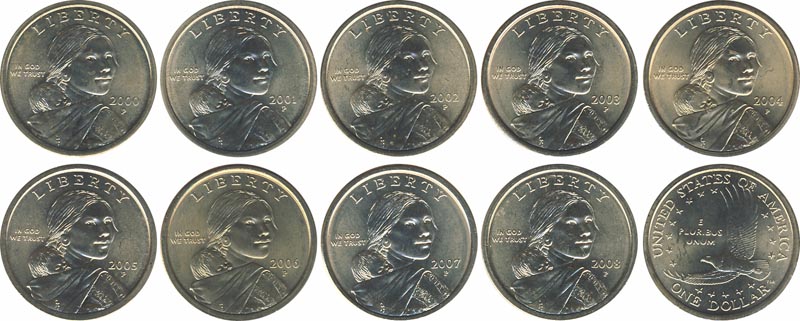 Набор монет. США 1 доллар, 2000-2008 года. Сакагавея. (9 шт.) P