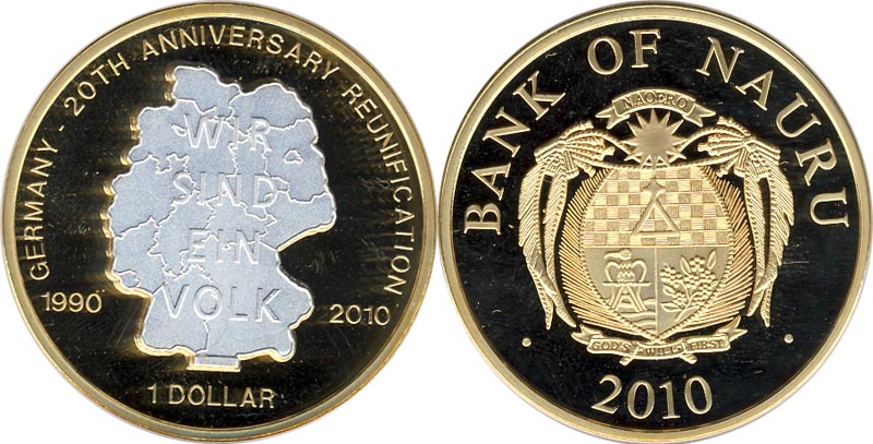 Науру 1 доллар, 2010 год. 20 лет объединения Германии