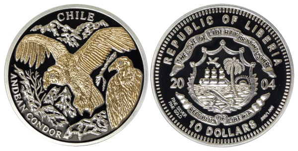 Либерия 10 долларов, 2004 год. Андский кондор. Чили