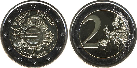 Финляндия 2 евро, 2012 год. 10-летие евровалюты