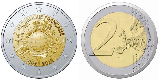 Франция 2 евро, 2012 год. 10-летие евровалюты