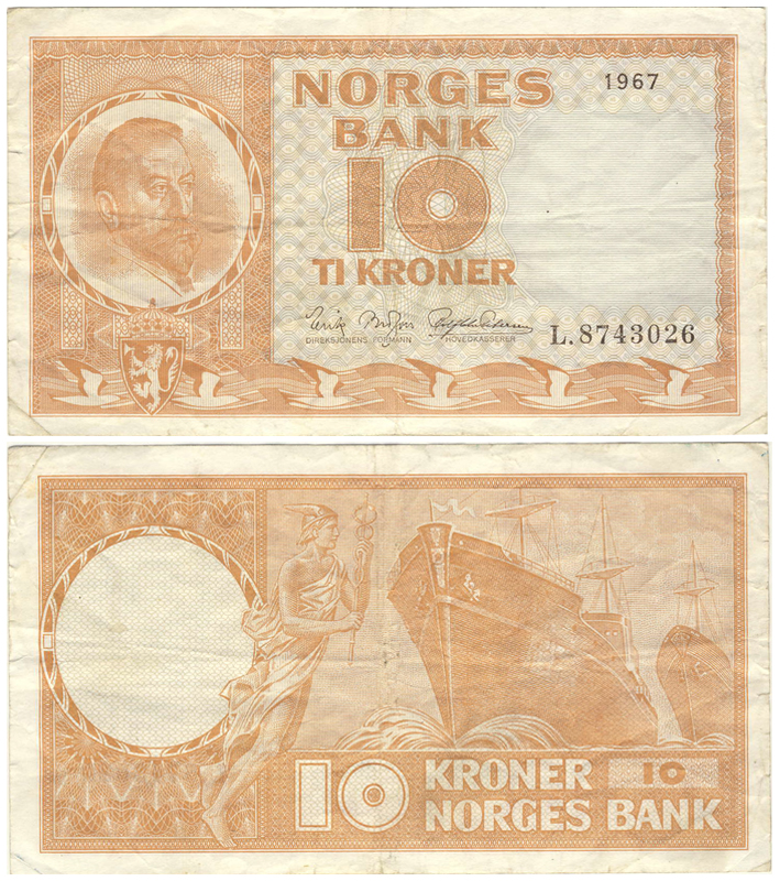 Бона. Норвегия 10 крон, 1967 год