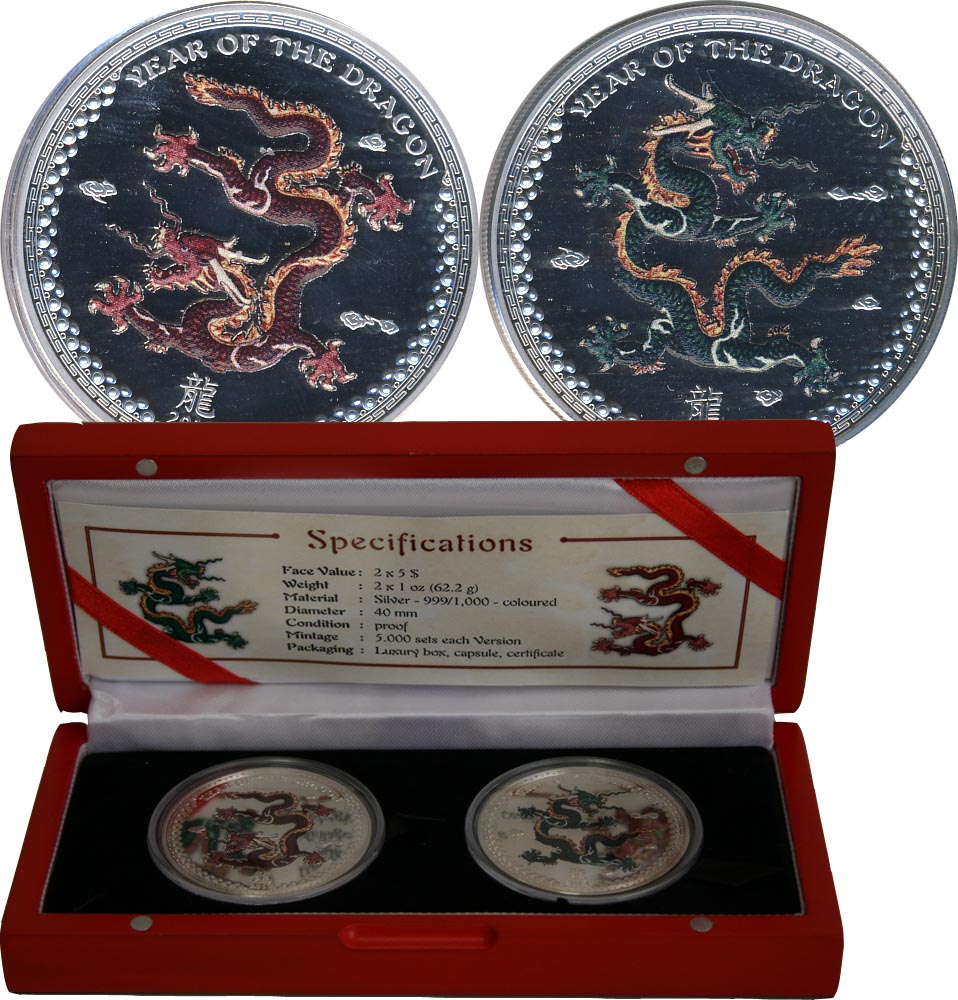 Набор монет. Палау 5 долларов, 2012 год. (2 шт.) Год дракона, цветные