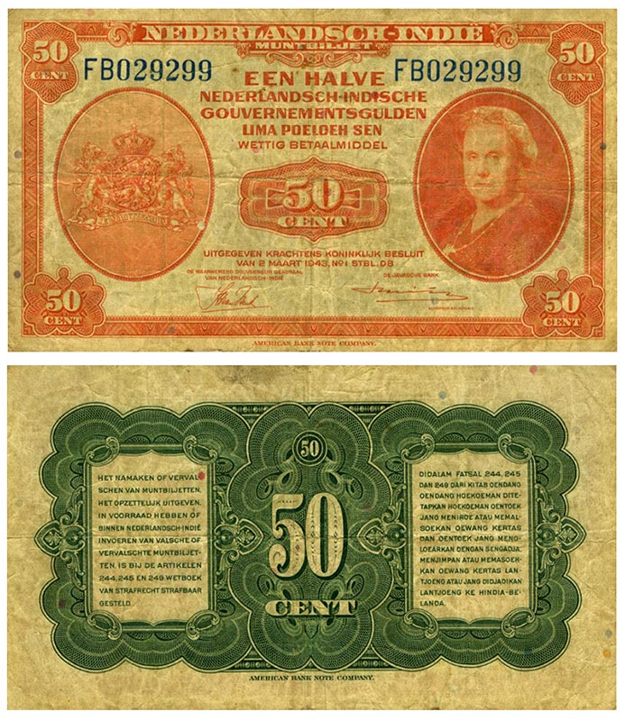 Бона. Нидерланды 50 центов, 1943 год. Нидерландская Индия