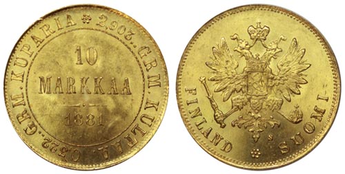 Финляндия 10 марок, 1881 год