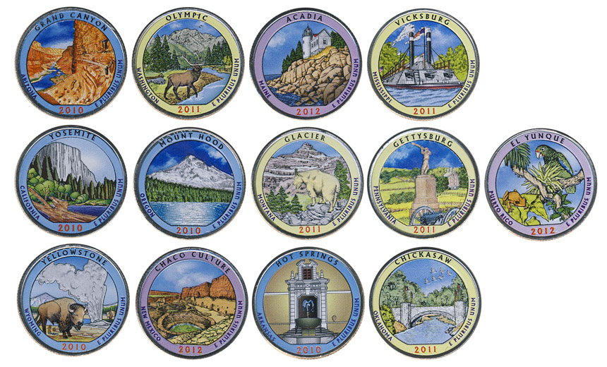Набор монет. США 25 центов, 2010-2012 года. Парки США. (13 шт.) Цветные