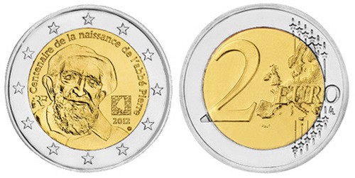 Франция 2 евро, 2012 год. 100-летие со дня рождения Пьера Аббата