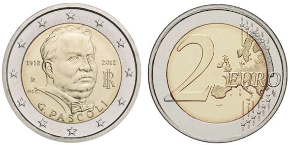 Италия 2 евро, 2012 год. 100-летие смерти Джованни Пасколи