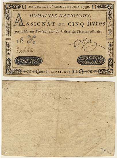 Бона. Франция 5 ливров, 1792 год. Ассигнат