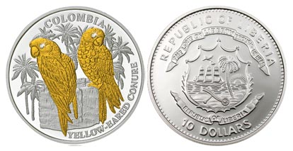 Либерия 10 долларов, 2005 год. Желтоухий попугай. Колумбия