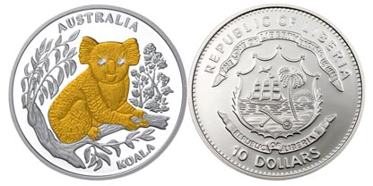 Либерия 10 долларов, 2005 год. Коала. Австралия