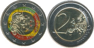 Португалия 2 евро, 2010 год. 100-летие республики Португалия, цветная
