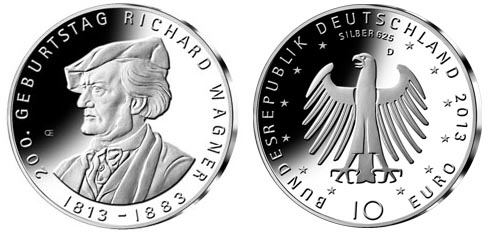 Германия 10 евро, 2013 год. 200 лет со дня рождения Рихарда Вагнера