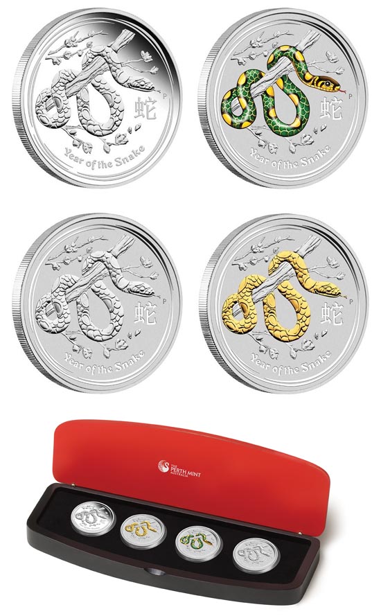 Набор монет. Австралия 1 доллар, 2013 год. Год змеи. (4 шт.)