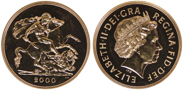 Великобритания 5 фунтов, 2000 год. Соверен