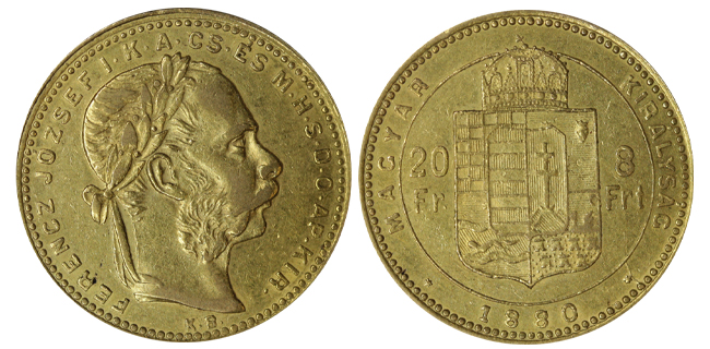 Австро-венгрия 20 франков, 1880 год. Франц Иосиф