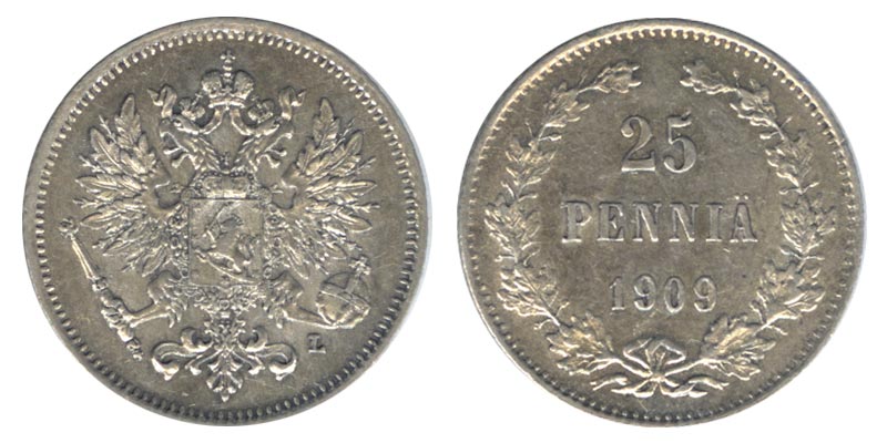 Россия 25 пенни, 1909 год. L, AU/XF+