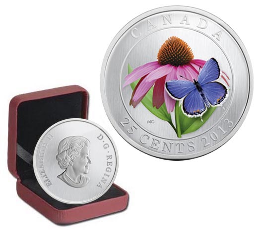 Канада 25 центов, 2013 год. Бабочка. Эхинацея