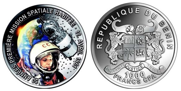 Бенин 1000 франков, 2011 год. Ю.А. Гагарин. 50 лет первого полета человека в космос