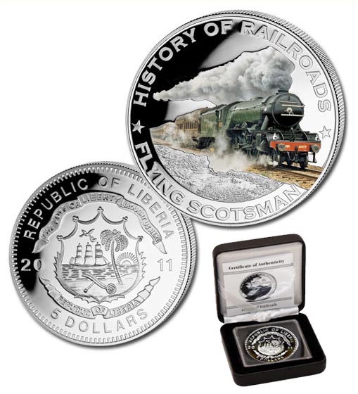 Либерия 5 долларов, 2011 год. Поезд. Летучий Шотландец