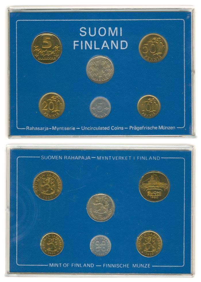 Набор монет марки. Финляндия, 1980 год. (6 шт.) В планшете