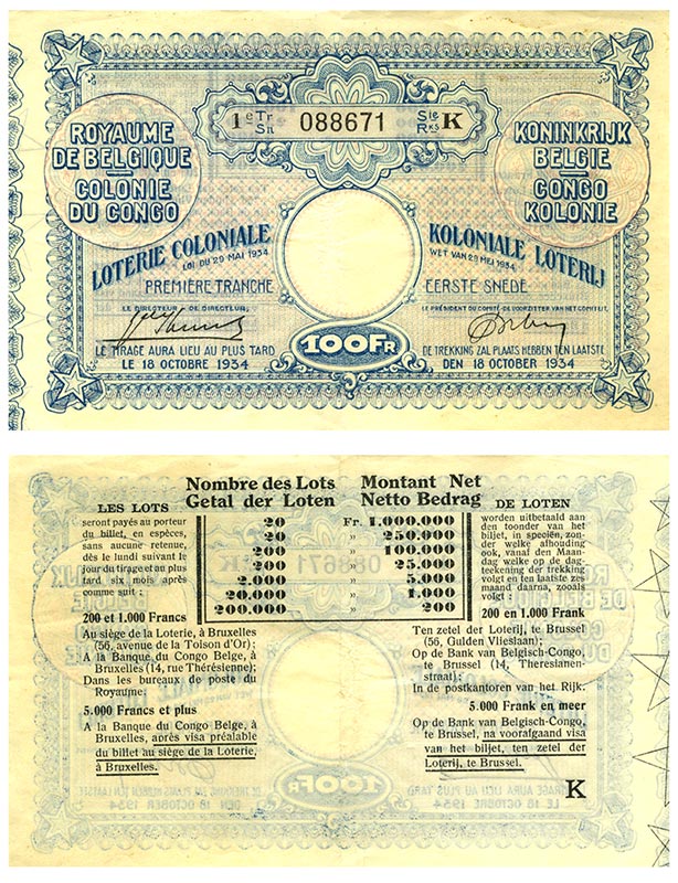 Бона. Лотерея Бельгия 100 франков, 1934 год. Бельгийской Конго