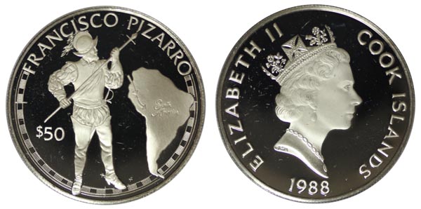Острова Кука 50 долларов, 1988 год. Франциско Писарро