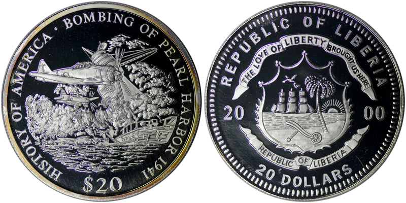 Либерия 20 долларов, 2000 год. Перл-Харбор