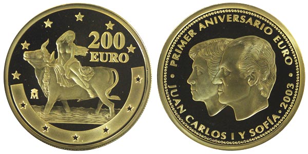 Испания 200 евро, 2003 год. Первая годовщина евро