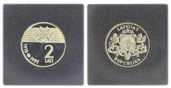 Латвия 2 лата, 1993 г. PROOF 1918 - 1993