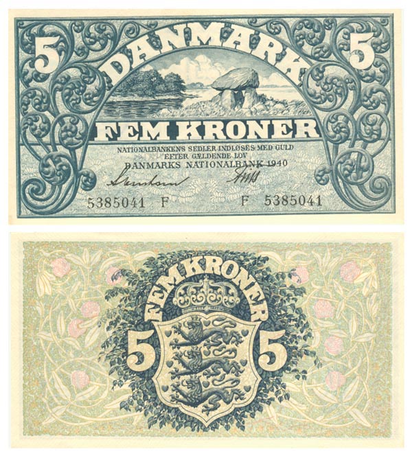 Бона. Дания 5 крон, 1940 год