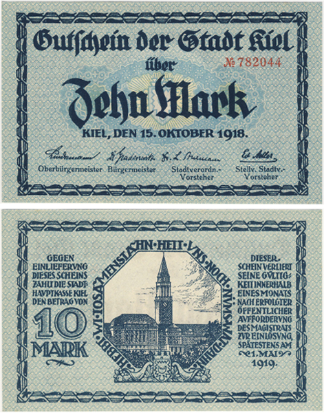 Бона. Германия 10 марок, 1918 год. г. Киль