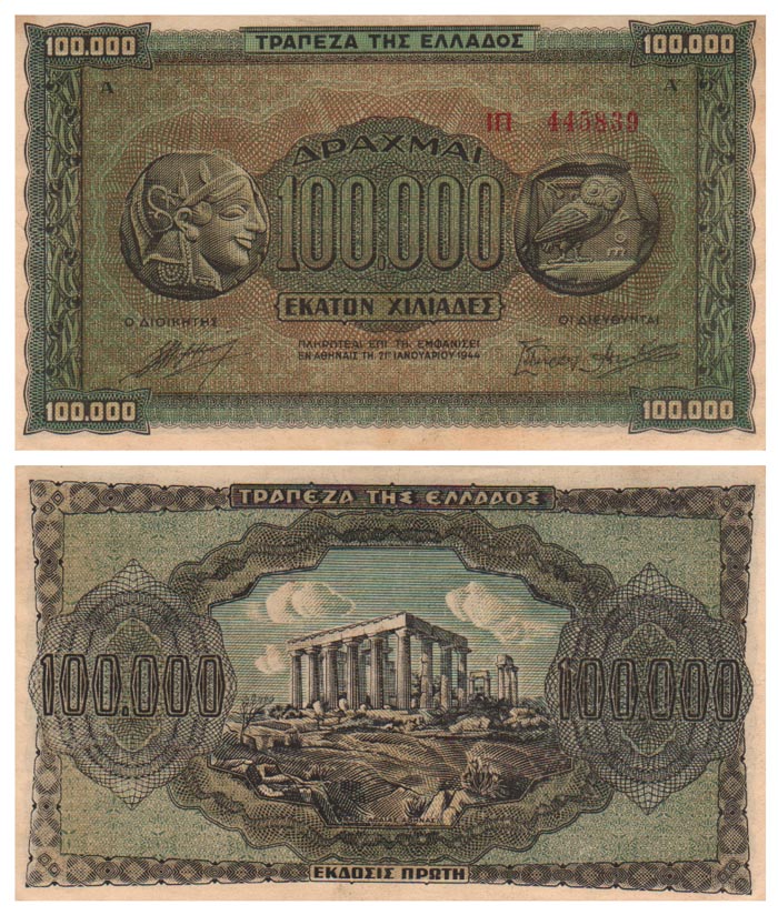Бона. Греция 100000 драхм, 1944 год