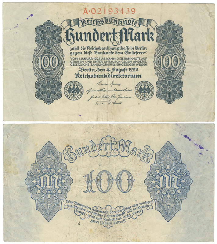 Бона. Германия 100 марок, от 4 августа 1922 года. Берлин
