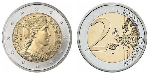 Латвия 2 евро, 2014. Девушка в национальном костюме