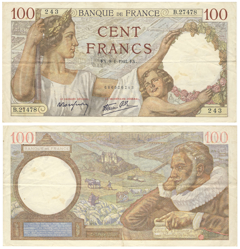 Бона. Франция 100 франков, 1942 год
