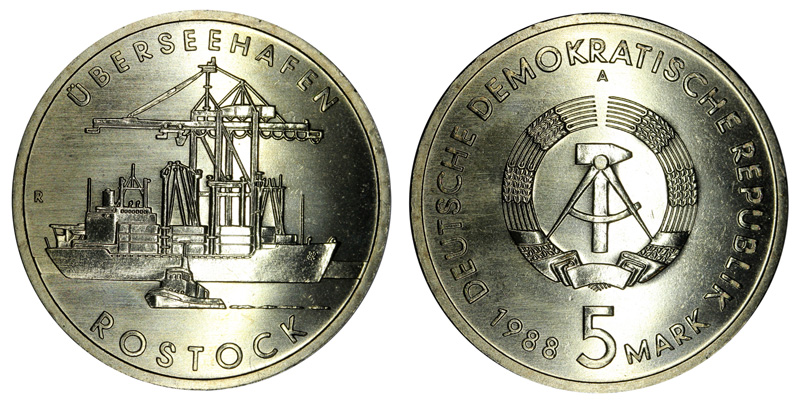Германия (ГДР) 5 марок, 1988 год. Портовый город - Росток