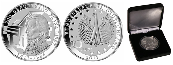 Германия 10 евро, 2011 год. 200 летие композитора Ференца Листа